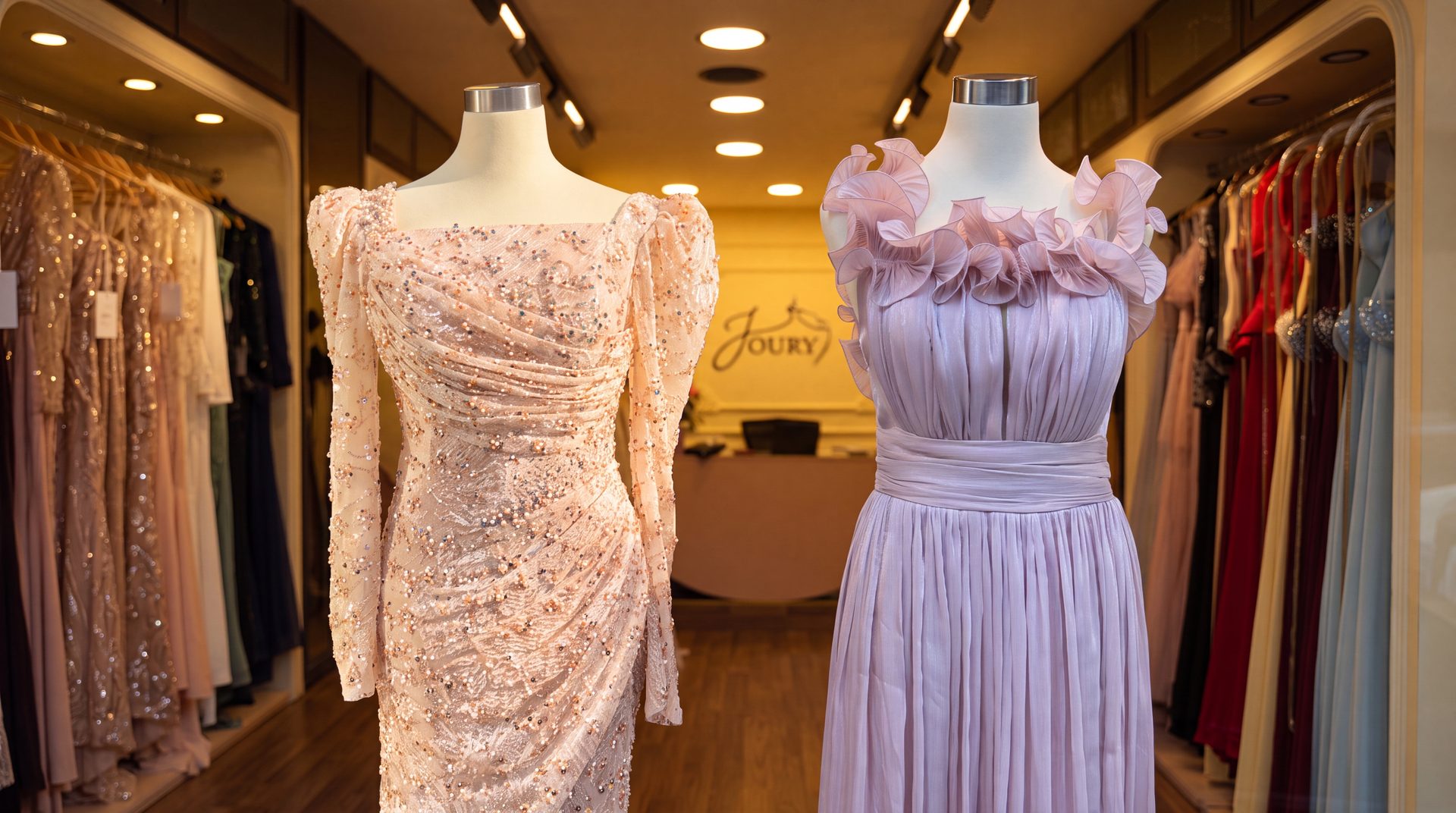 Joury Boutique — rose gold sequin gown and lavender chiffon dress on mannequins