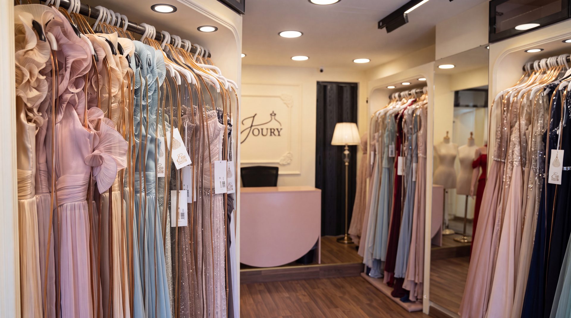 Inside Joury Boutique — dresses displayed with warm boutique lighting