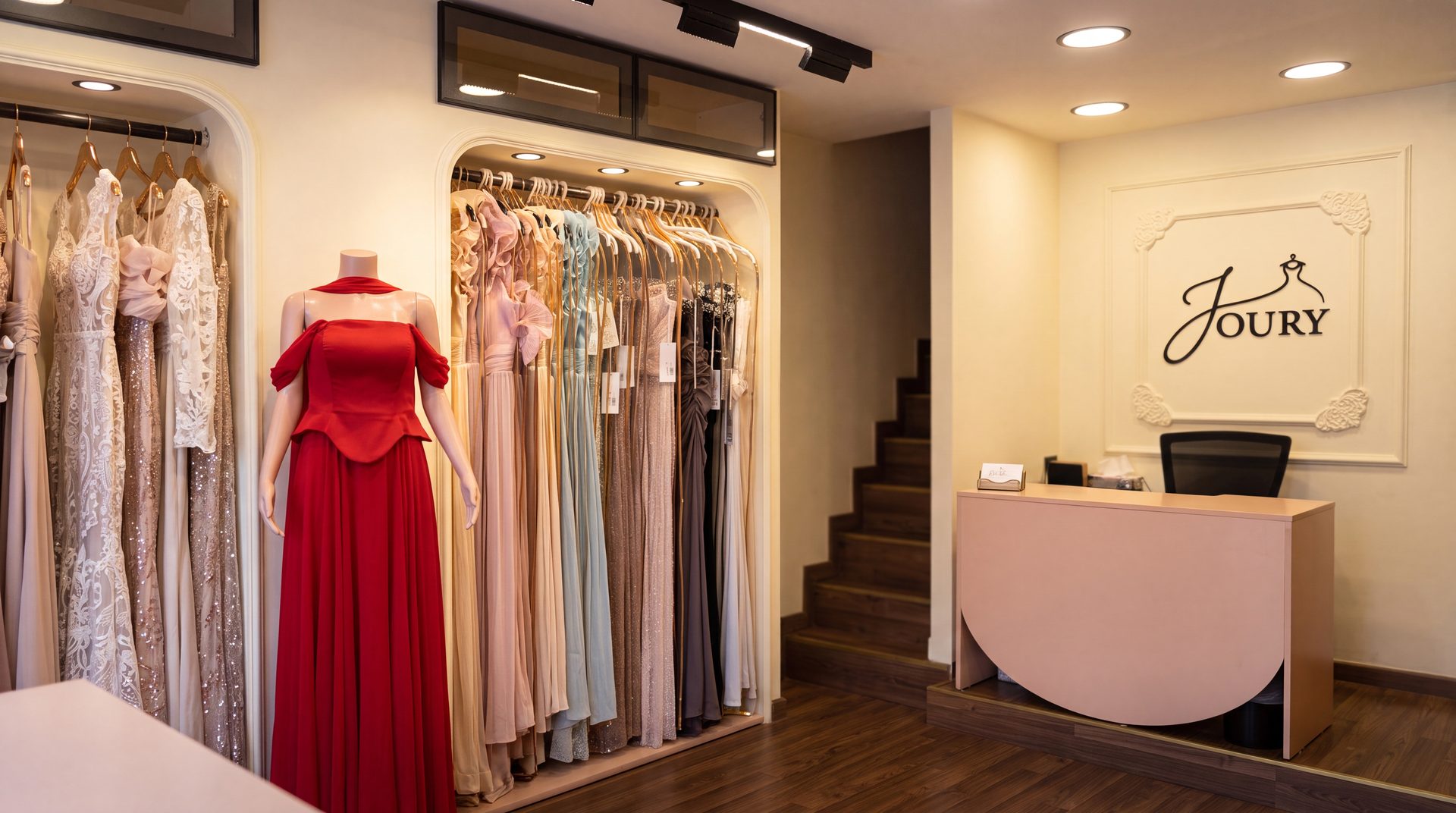 Joury Boutique — pastel dress collection on golden racks